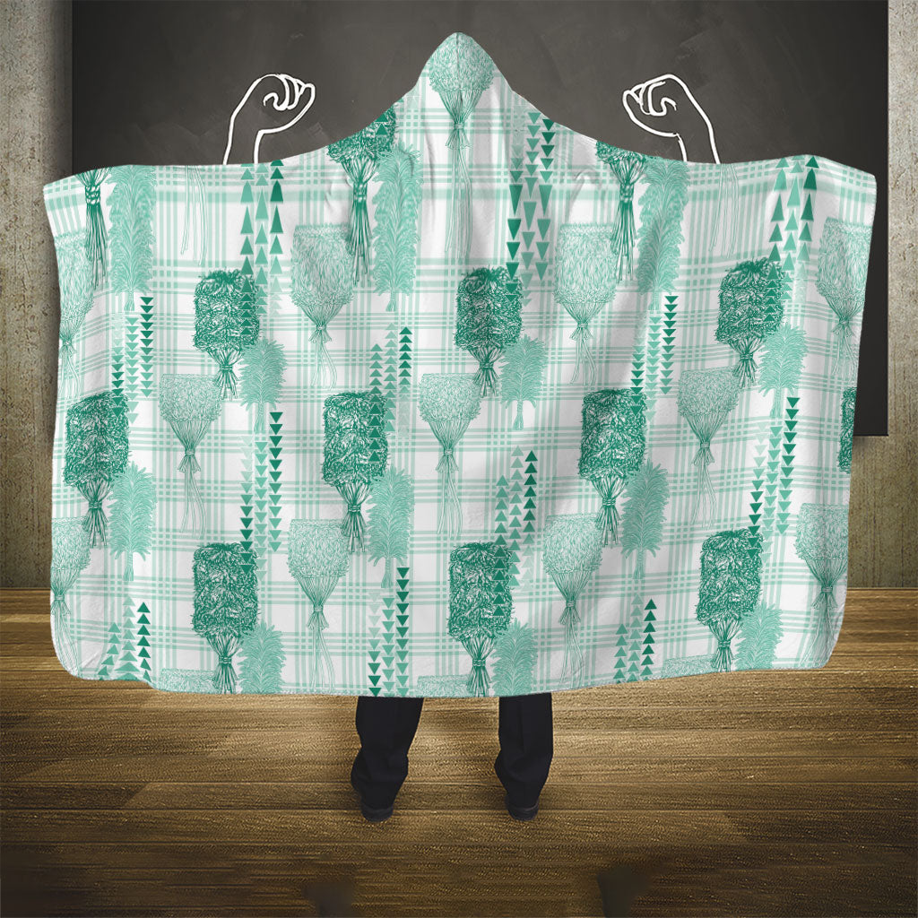 Aloha Hawaii Vintage Kahili Pa'a Lima Hooded Blanket Palaka Print Mossy Teal