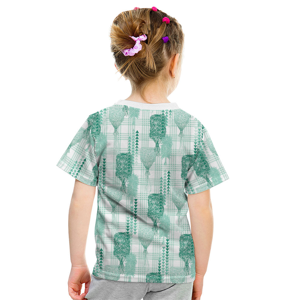 Aloha Hawaii Vintage Kahili Pa'a Lima Kid T Shirt Palaka Print Mossy Teal