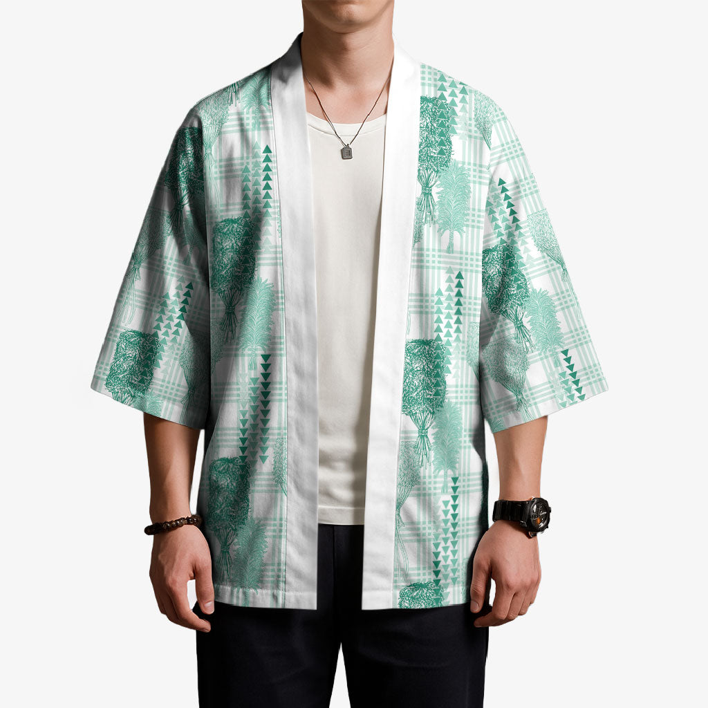 Aloha Hawaii Vintage Kahili Pa'a Lima Kimono Palaka Print Mossy Teal