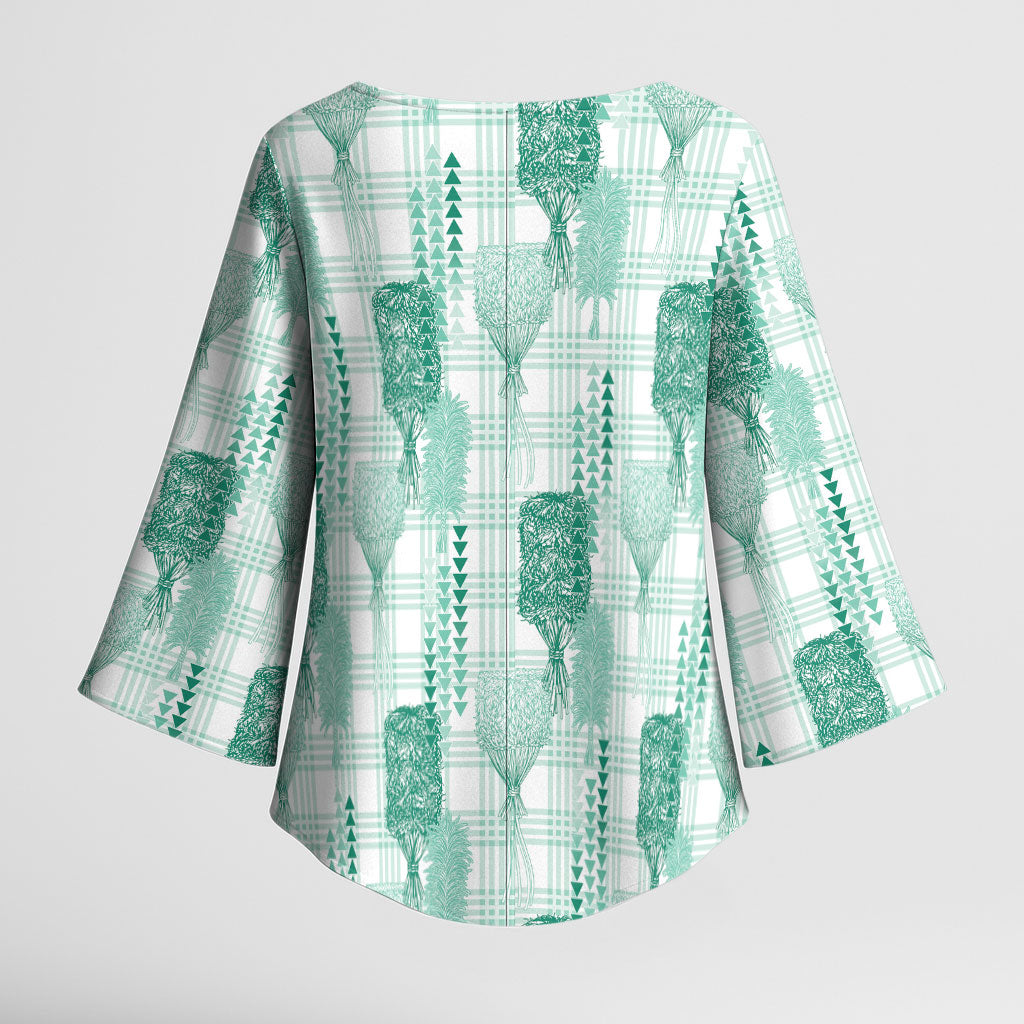 Aloha Hawaii Vintage Kahili Pa'a Lima Kimono Sleeve Blouse Palaka Print Mossy Teal