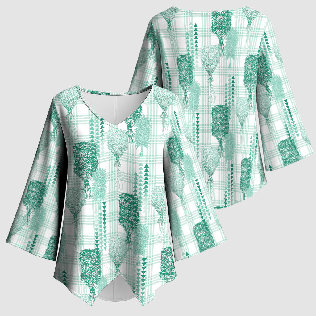 Aloha Hawaii Vintage Kahili Pa'a Lima Kimono Sleeve Blouse Palaka Print Mossy Teal