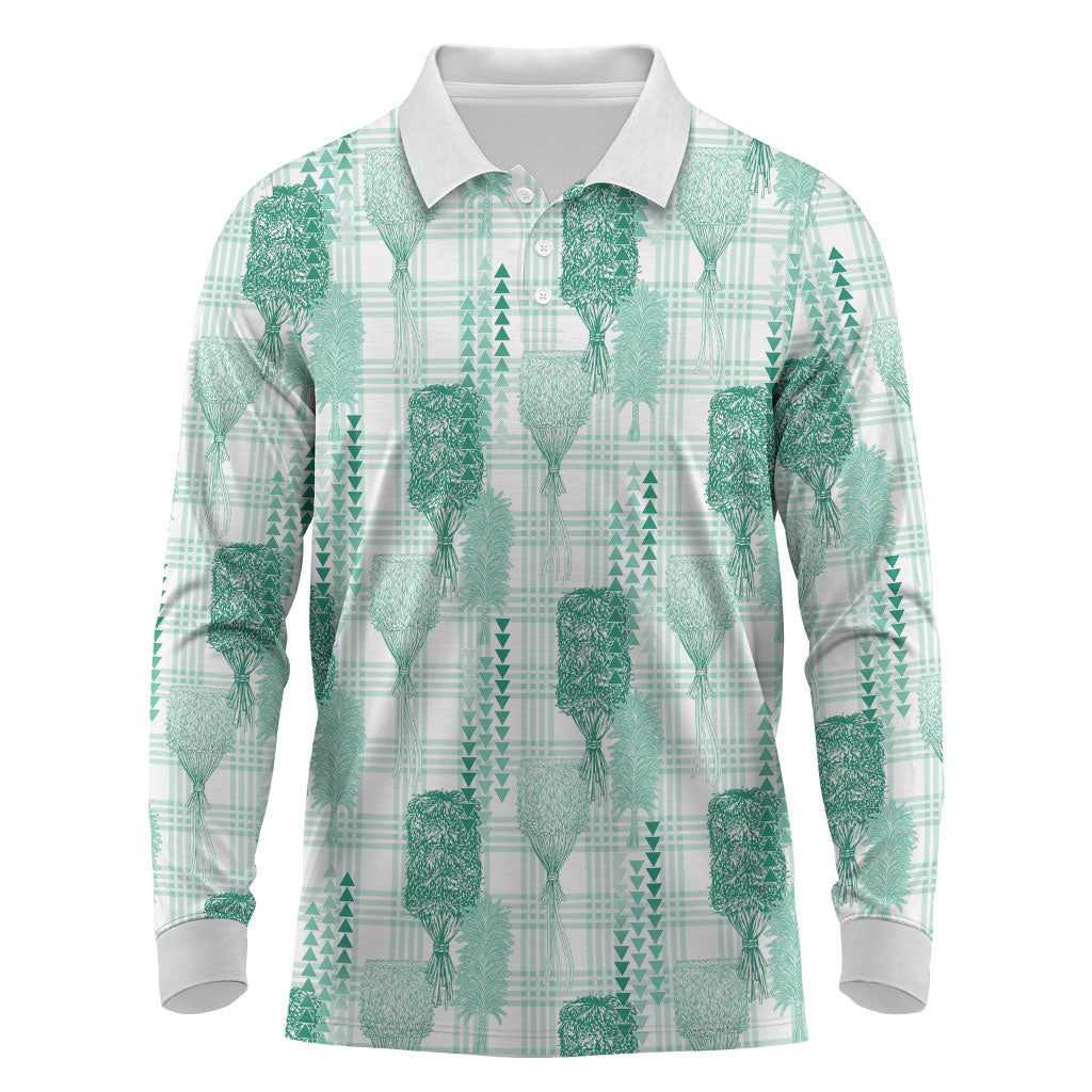 Aloha Hawaii Vintage Kahili Pa'a Lima Long Sleeve Polo Shirt Palaka Print Mossy Teal LT7 Mossy Teal - Polynesian Pride