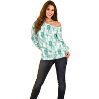 Aloha Hawaii Vintage Kahili Pa'a Lima Off Shoulder Sweater Palaka Print Mossy Teal
