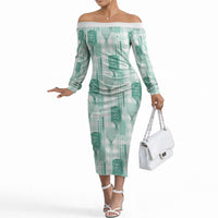 Aloha Hawaii Vintage Kahili Pa'a Lima Off The Shoulder Long Sleeve Dress Palaka Print Mossy Teal