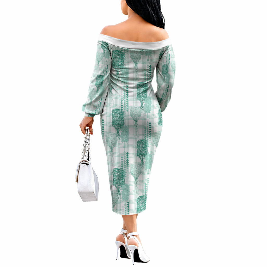 Aloha Hawaii Vintage Kahili Pa'a Lima Off The Shoulder Long Sleeve Dress Palaka Print Mossy Teal