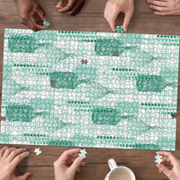 Aloha Hawaii Vintage Kahili Pa'a Lima Puzzle Palaka Print Mossy Teal