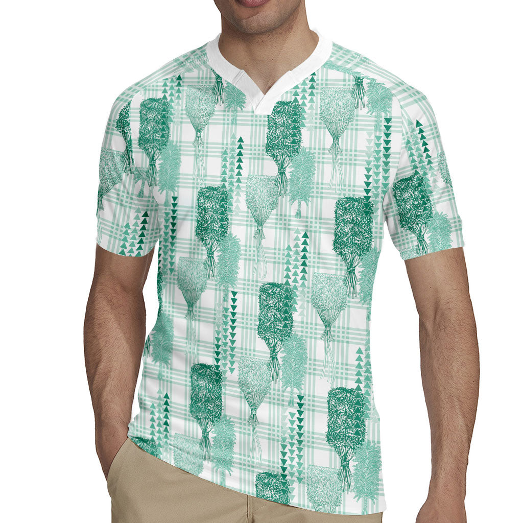 Aloha Hawaii Vintage Kahili Pa'a Lima Rugby Jersey Palaka Print Mossy Teal