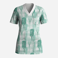 Aloha Hawaii Vintage Kahili Pa'a Lima Scrub Top Palaka Print Mossy Teal
