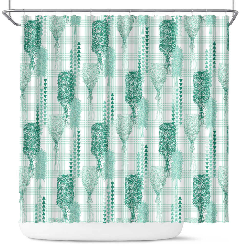 Aloha Hawaii Vintage Kahili Pa'a Lima Shower Curtain Palaka Print Mossy Teal