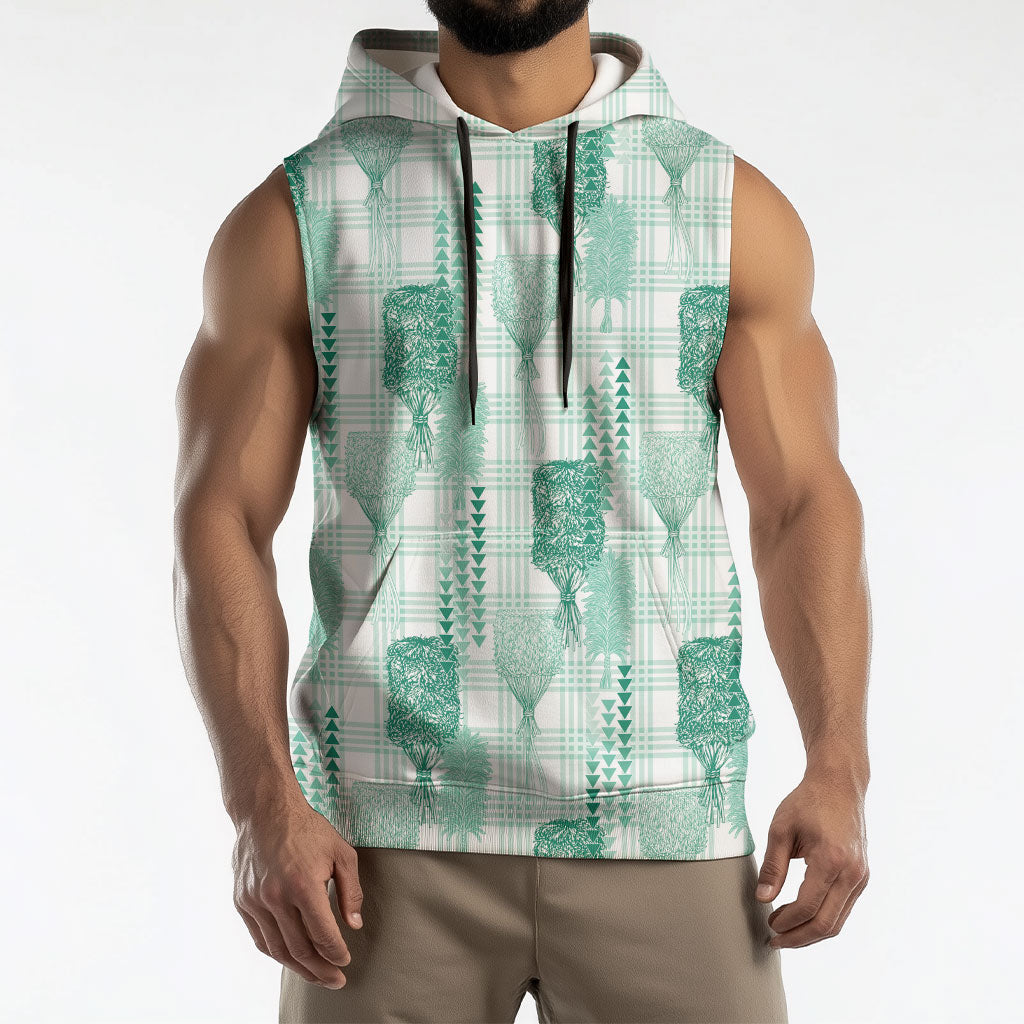 Aloha Hawaii Vintage Kahili Pa'a Lima Sleeveless Hoodie Palaka Print Mossy Teal