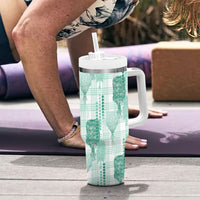 Aloha Hawaii Vintage Kahili Pa'a Lima Tumbler With Handle Palaka Print Mossy Teal