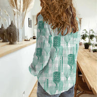 Aloha Hawaii Vintage Kahili Pa'a Lima Women Casual Shirt Palaka Print Mossy Teal