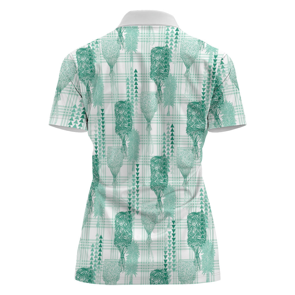 Aloha Hawaii Vintage Kahili Pa'a Lima Women Polo Shirt Palaka Print Mossy Teal