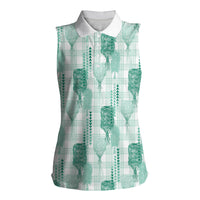 Aloha Hawaii Vintage Kahili Pa'a Lima Women Sleeveless Polo Shirt Palaka Print Mossy Teal