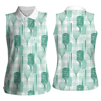 Aloha Hawaii Vintage Kahili Pa'a Lima Women Sleeveless Polo Shirt Palaka Print Mossy Teal
