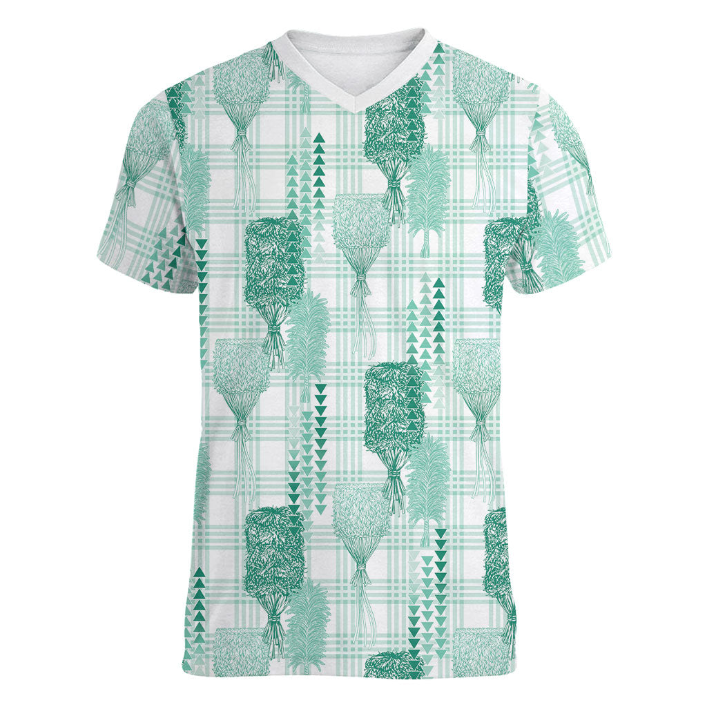 Aloha Hawaii Vintage Kahili Pa'a Lima Women V-Neck T-Shirt Palaka Print Mossy Teal