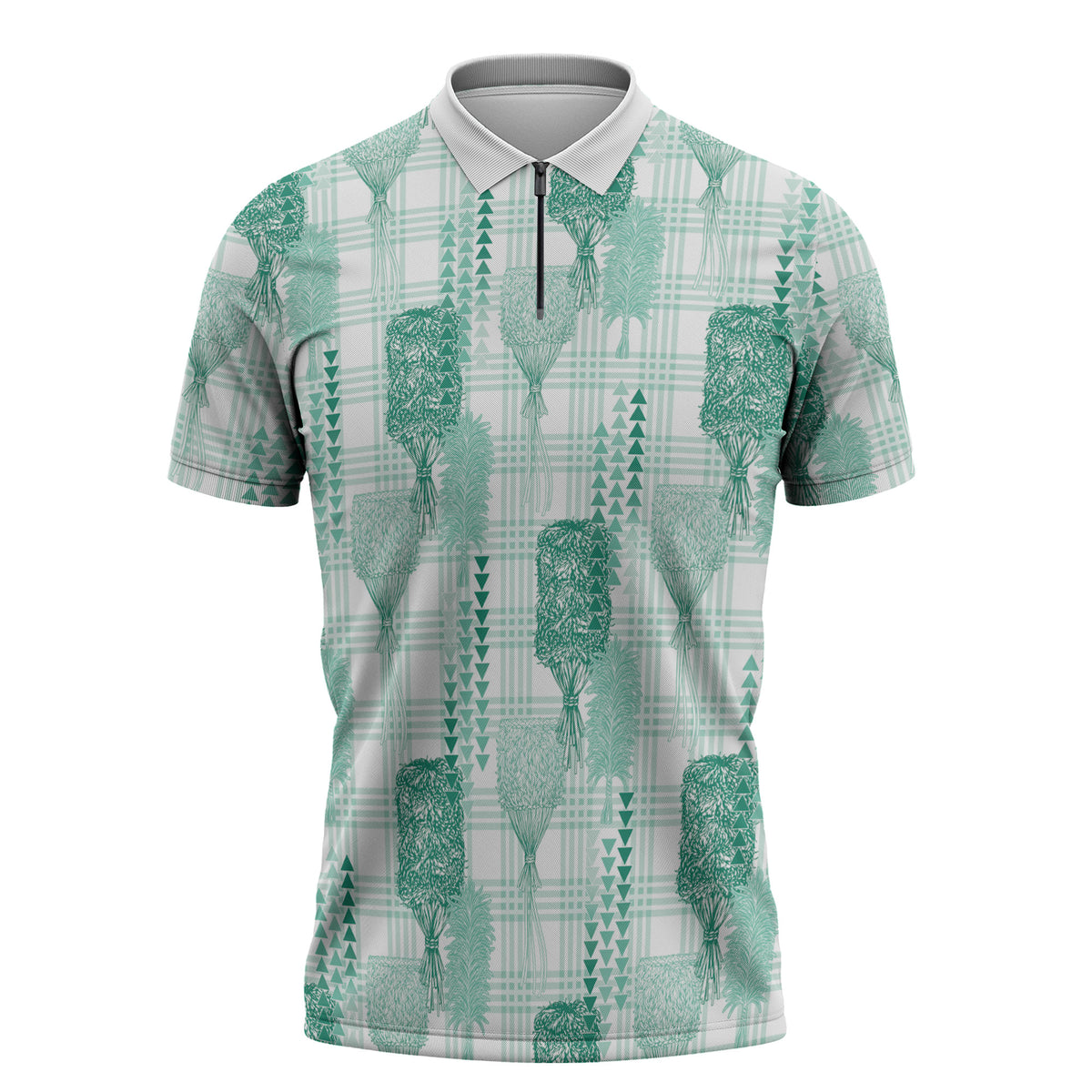Aloha Hawaii Vintage Kahili Pa'a Lima Zipper Polo Shirt Palaka Print Mossy Teal