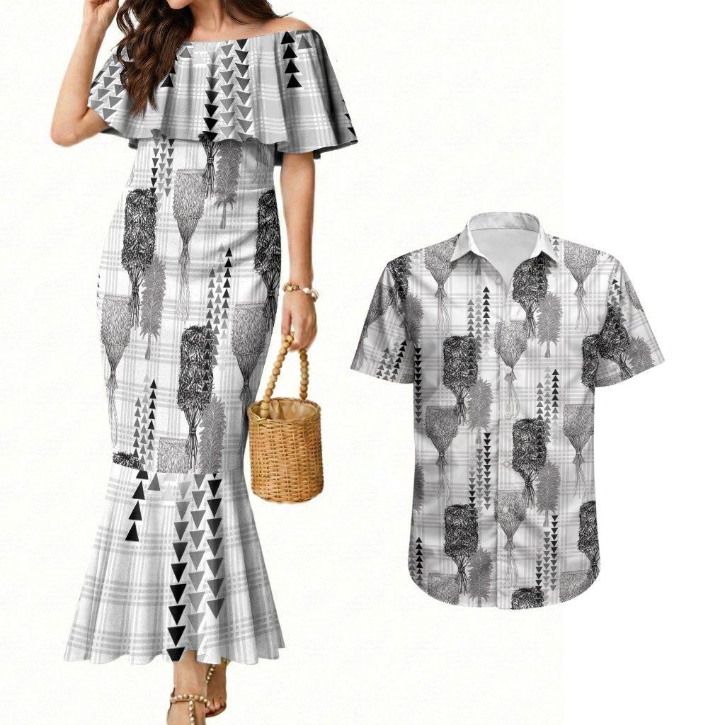 Aloha Hawaii Vintage Kahili Pa'a Lima Couples Matching Mermaid Dress and Hawaiian Shirt Palaka Print Hinahina