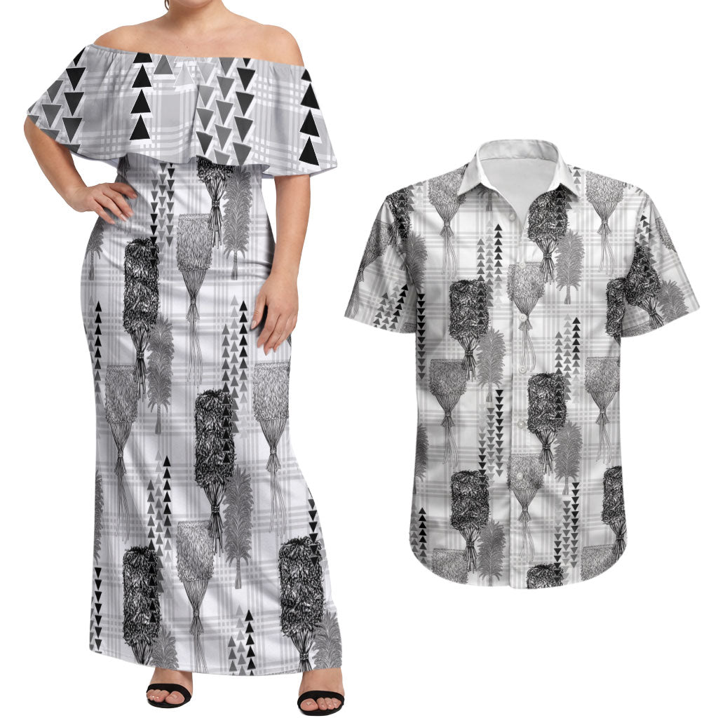 Aloha Hawaii Vintage Kahili Pa'a Lima Couples Matching Off Shoulder Maxi Dress and Hawaiian Shirt Palaka Print Hinahina LT7 Gray - Polynesian Pride
