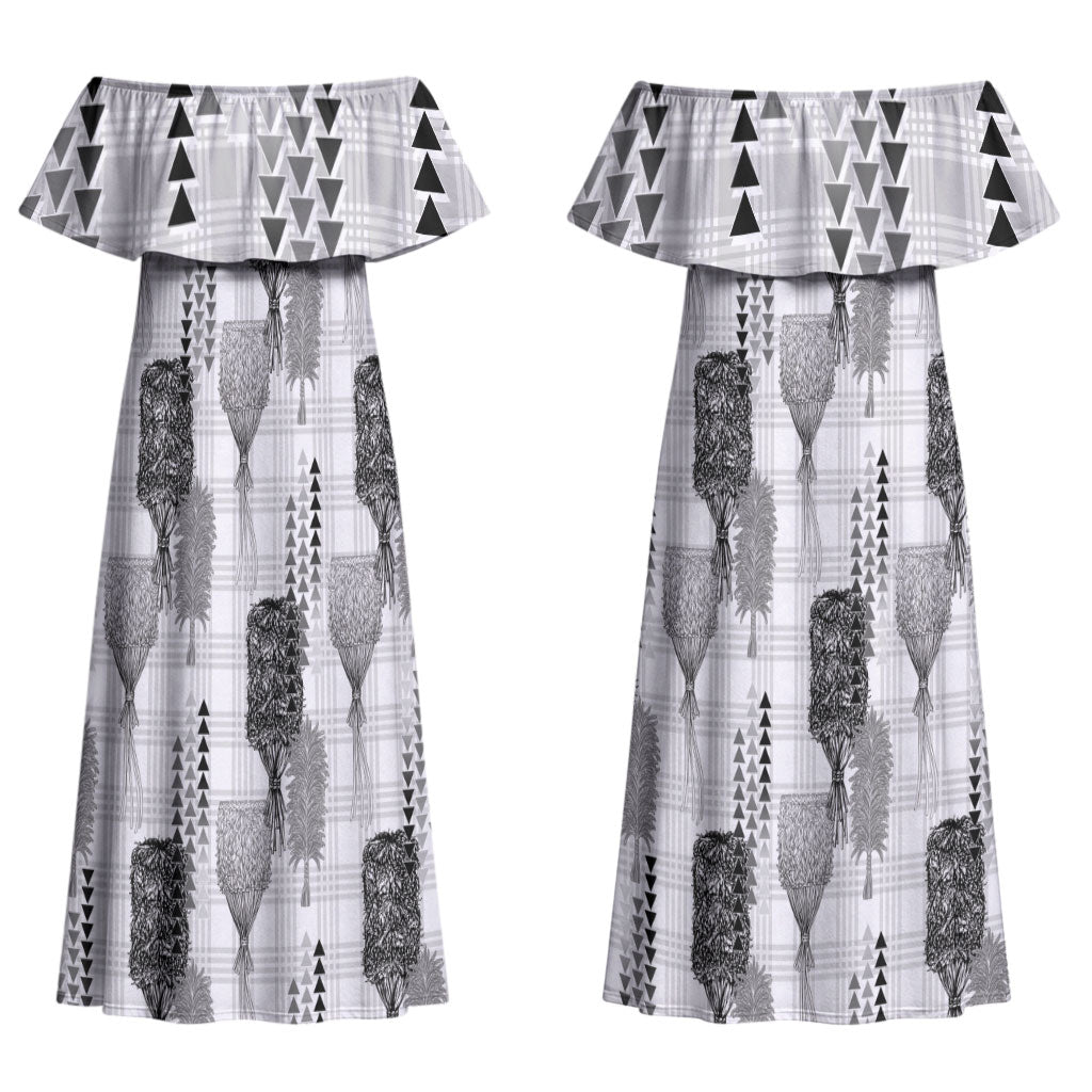 Aloha Hawaii Vintage Kahili Pa'a Lima Couples Matching Off Shoulder Maxi Dress and Hawaiian Shirt Palaka Print Hinahina