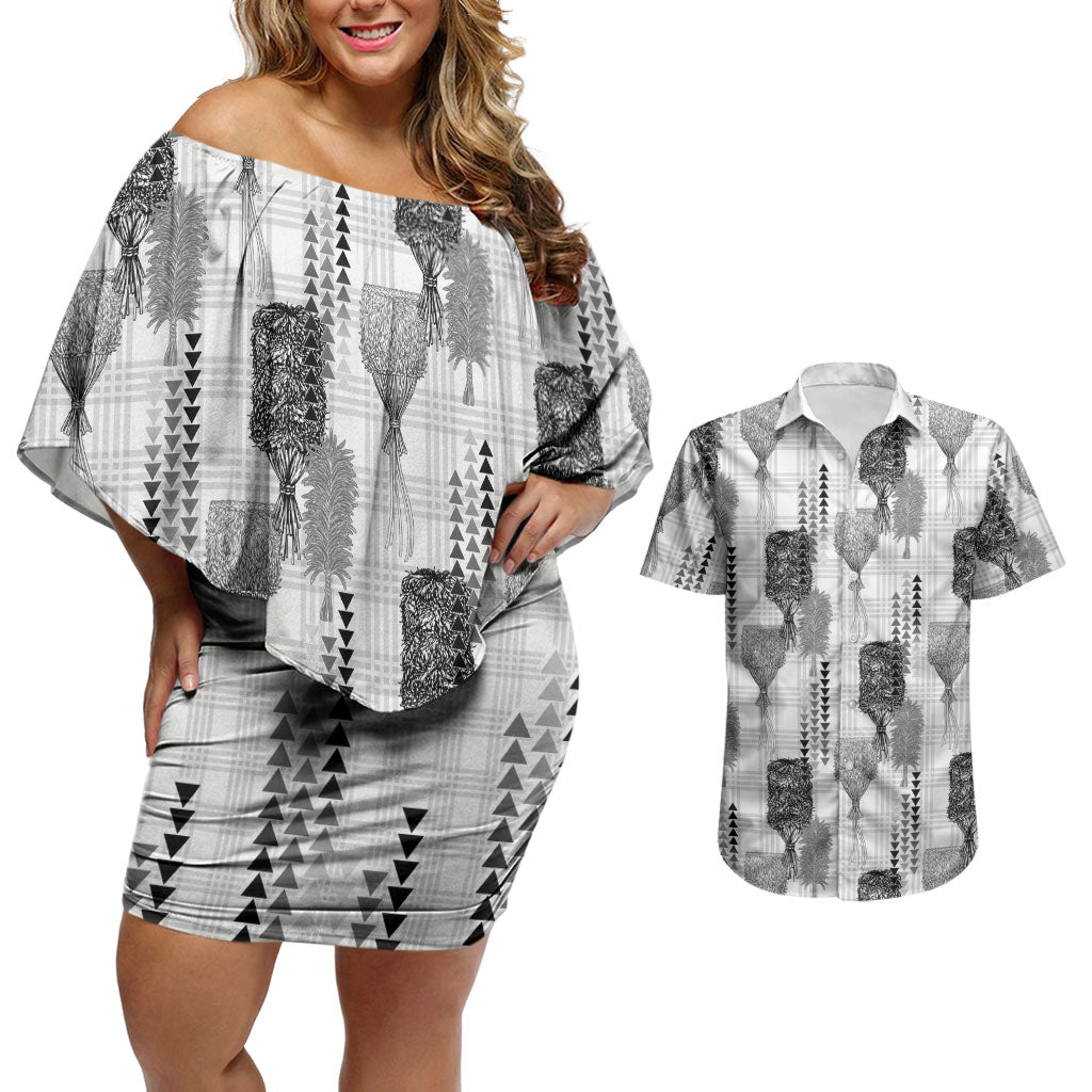 Aloha Hawaii Vintage Kahili Pa'a Lima Couples Matching Off Shoulder Short Dress and Hawaiian Shirt Palaka Print Hinahina