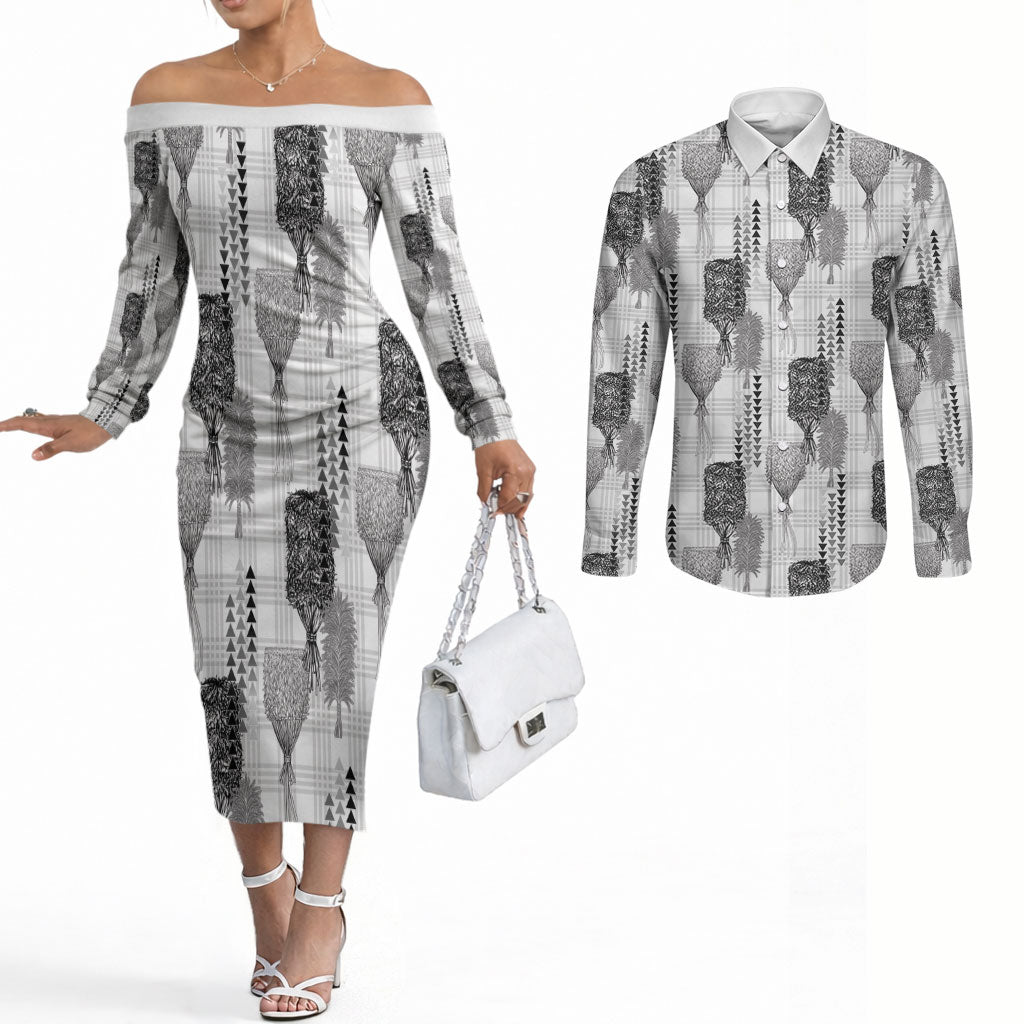 Aloha Hawaii Vintage Kahili Pa'a Lima Couples Matching Off The Shoulder Long Sleeve Dress and Long Sleeve Button Shirt Palaka Print Hinahina