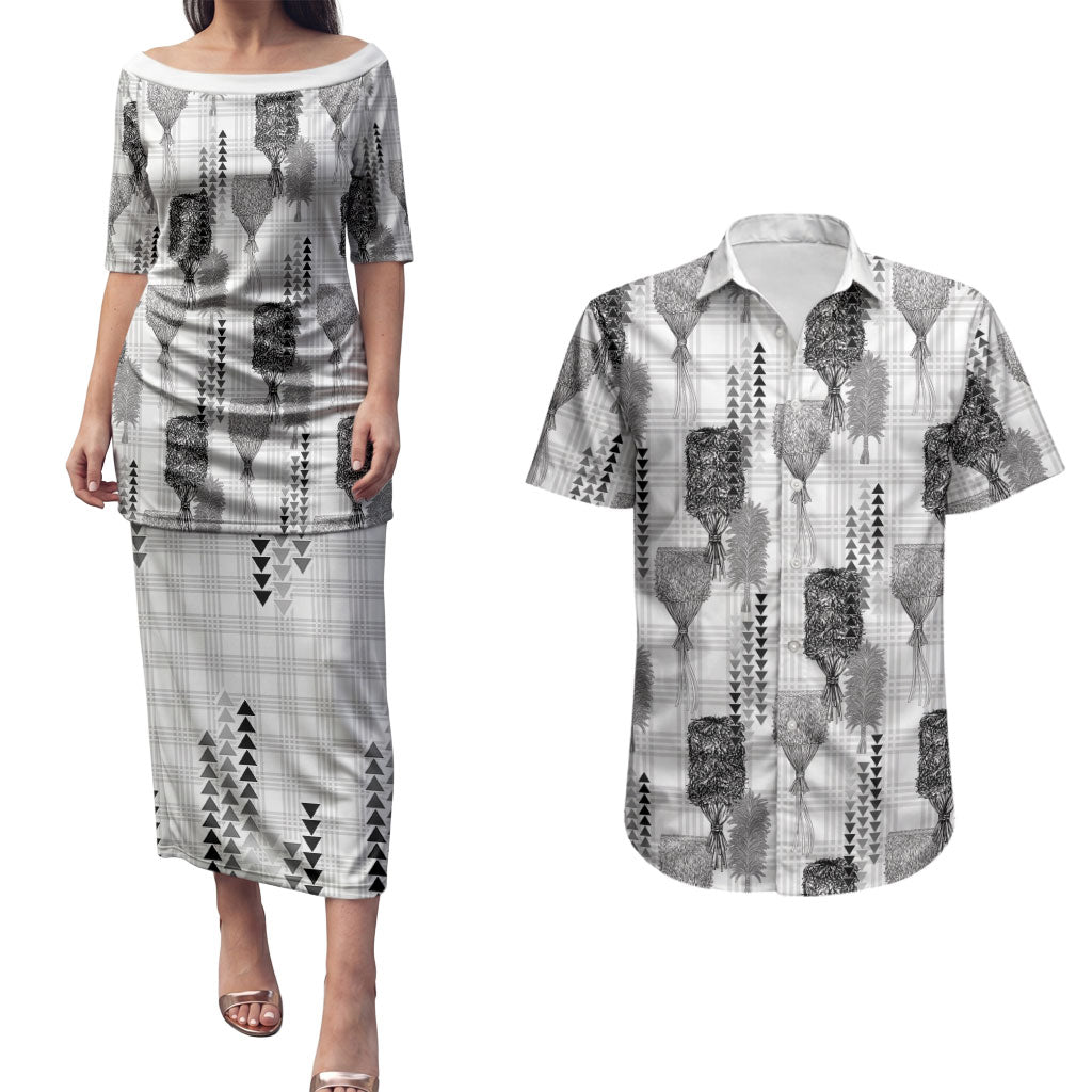Aloha Hawaii Vintage Kahili Pa'a Lima Couples Matching Puletasi and Hawaiian Shirt Palaka Print Hinahina