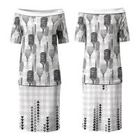 Aloha Hawaii Vintage Kahili Pa'a Lima Couples Matching Puletasi and Long Sleeve Button Shirt Palaka Print Hinahina