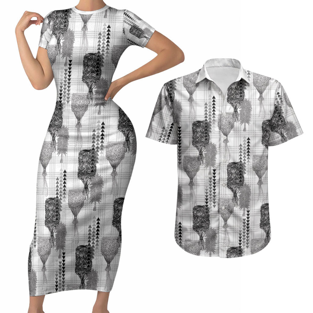 Aloha Hawaii Vintage Kahili Pa'a Lima Couples Matching Short Sleeve Bodycon Dress and Hawaiian Shirt Palaka Print Hinahina