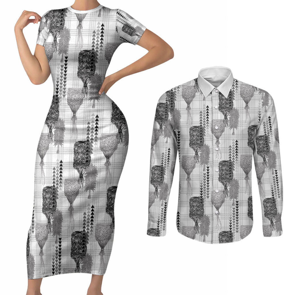 Aloha Hawaii Vintage Kahili Pa'a Lima Couples Matching Short Sleeve Bodycon Dress and Long Sleeve Button Shirt Palaka Print Hinahina LT7 Gray - Polynesian Pride