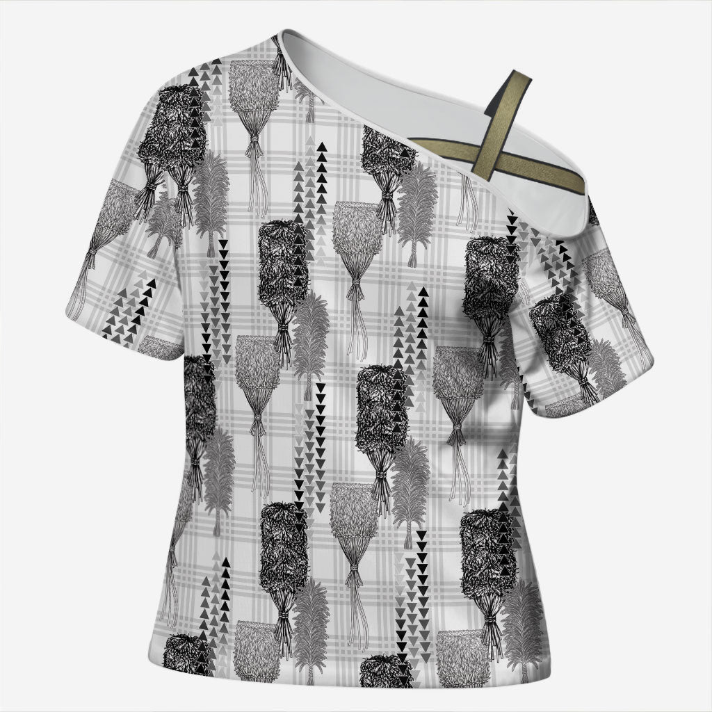 Aloha Hawaii Vintage Kahili Pa'a Lima Cross Shoulder Shirt Palaka Print Hinahina LT7 Female Gray - Polynesian Pride