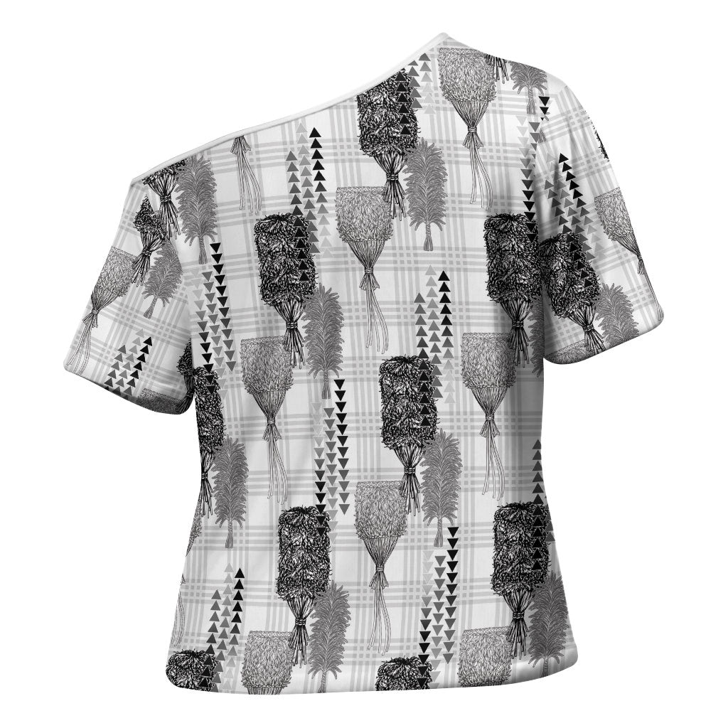 Aloha Hawaii Vintage Kahili Pa'a Lima Cross Shoulder Shirt Palaka Print Hinahina