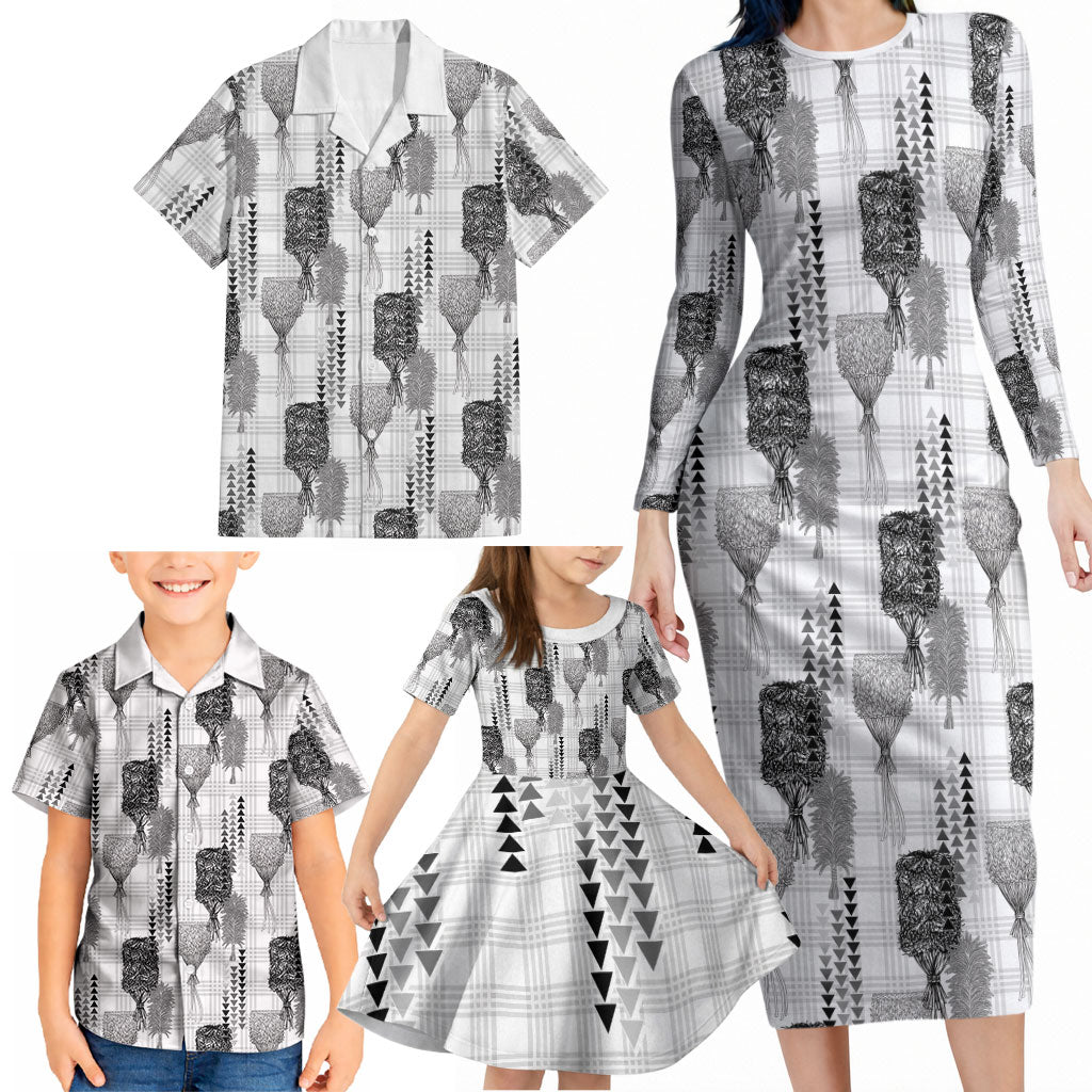 Aloha Hawaii Vintage Kahili Pa'a Lima Family Matching Long Sleeve Bodycon Dress and Hawaiian Shirt Palaka Print Hinahina LT7 - Polynesian Pride
