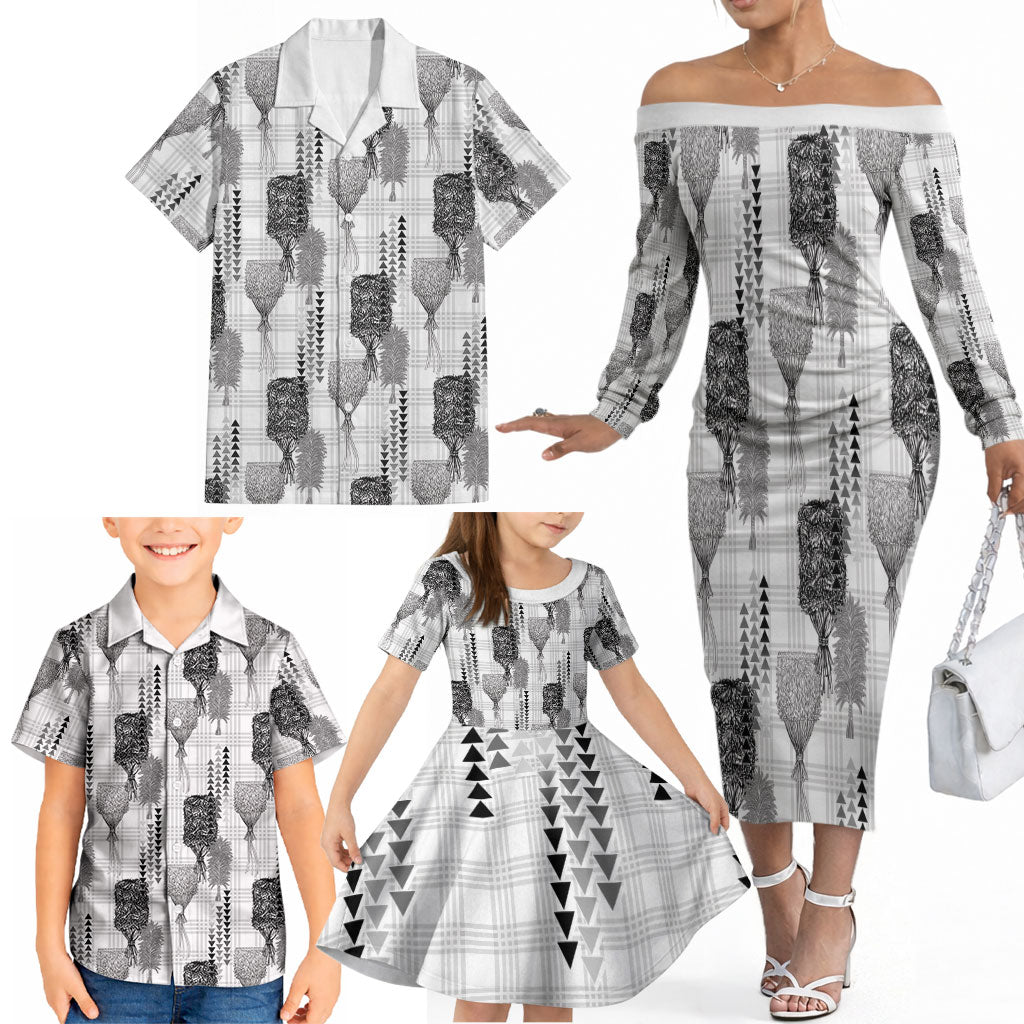 Aloha Hawaii Vintage Kahili Pa'a Lima Family Matching Off The Shoulder Long Sleeve Dress and Hawaiian Shirt Palaka Print Hinahina LT7 - Polynesian Pride