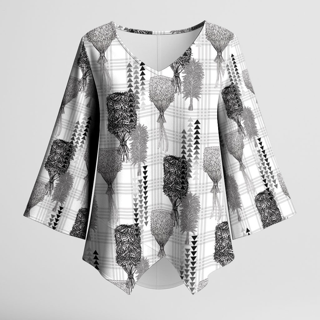 Aloha Hawaii Vintage Kahili Pa'a Lima Kimono Sleeve Blouse Palaka Print Hinahina LT7 Female Gray - Polynesian Pride