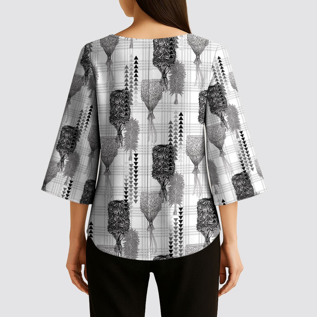Aloha Hawaii Vintage Kahili Pa'a Lima Kimono Sleeve Blouse Palaka Print Hinahina