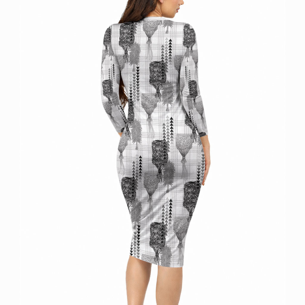 Aloha Hawaii Vintage Kahili Pa'a Lima Long Sleeve Bodycon Dress Palaka Print Hinahina