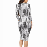 Aloha Hawaii Vintage Kahili Pa'a Lima Long Sleeve Bodycon Dress Palaka Print Hinahina