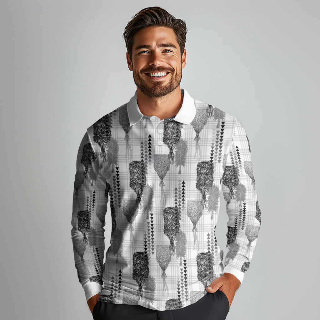 Aloha Hawaii Vintage Kahili Pa'a Lima Long Sleeve Polo Shirt Palaka Print Hinahina