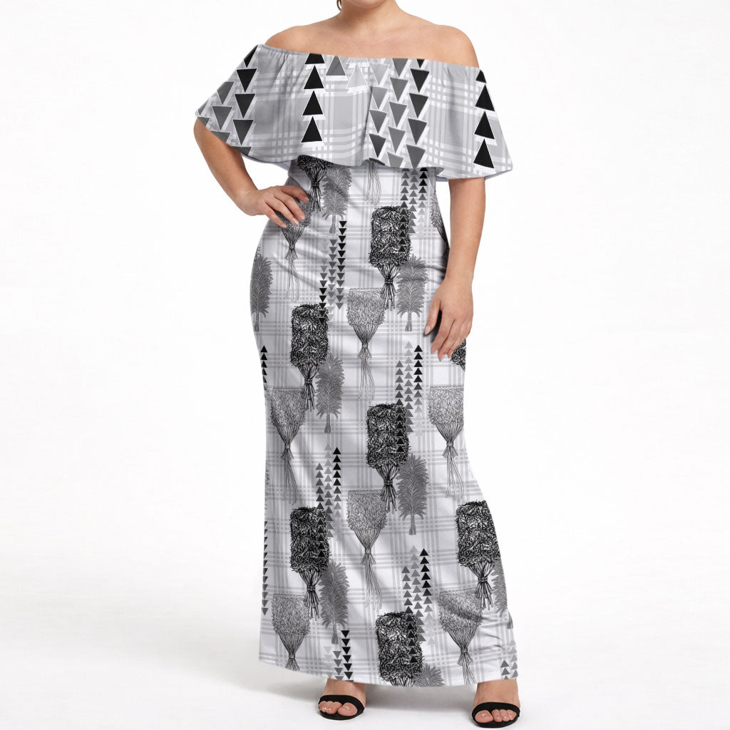 Aloha Hawaii Vintage Kahili Pa'a Lima Off Shoulder Maxi Dress Palaka Print Hinahina LT7 Women Gray - Polynesian Pride