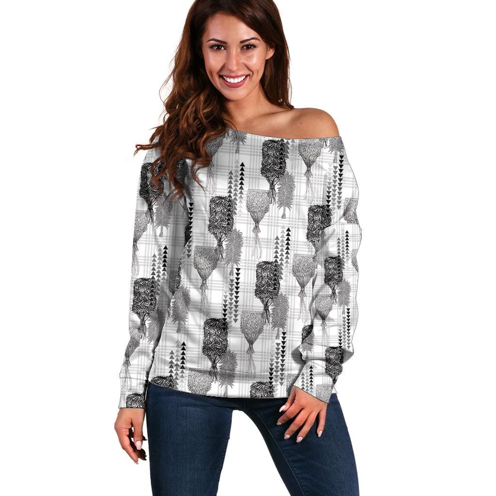 Aloha Hawaii Vintage Kahili Pa'a Lima Off Shoulder Sweater Palaka Print Hinahina