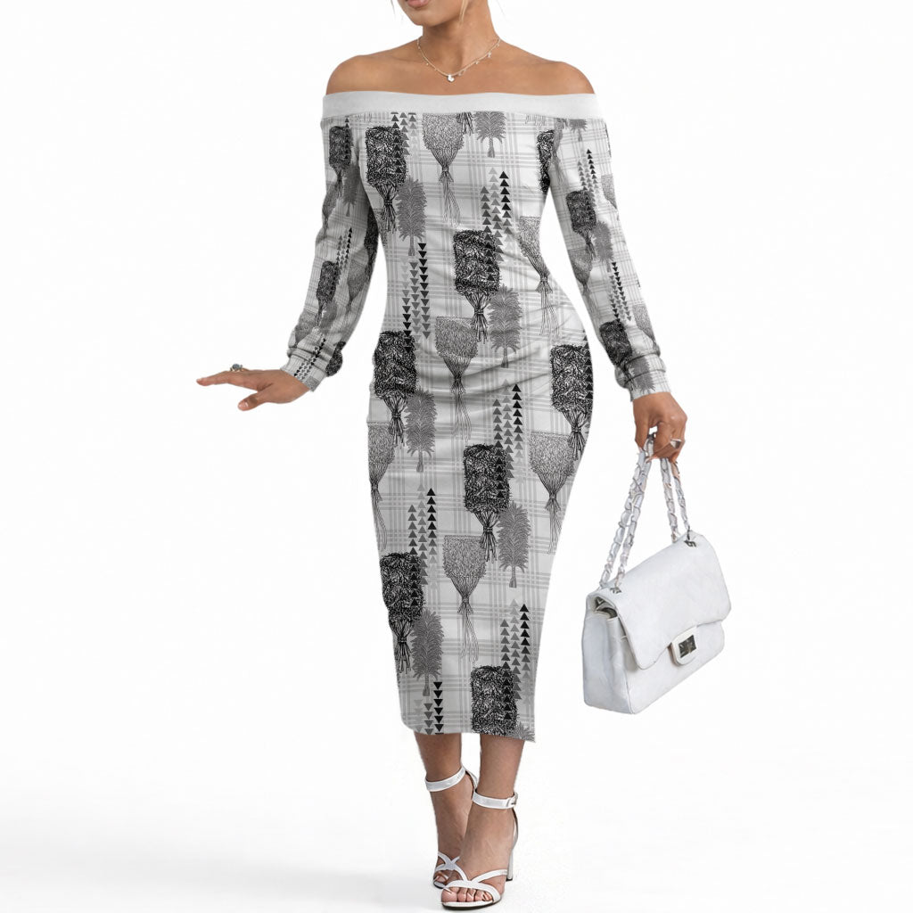 Aloha Hawaii Vintage Kahili Pa'a Lima Off The Shoulder Long Sleeve Dress Palaka Print Hinahina