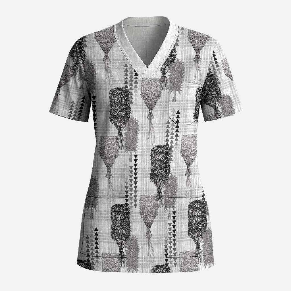 Aloha Hawaii Vintage Kahili Pa'a Lima Scrub Top Palaka Print Hinahina
