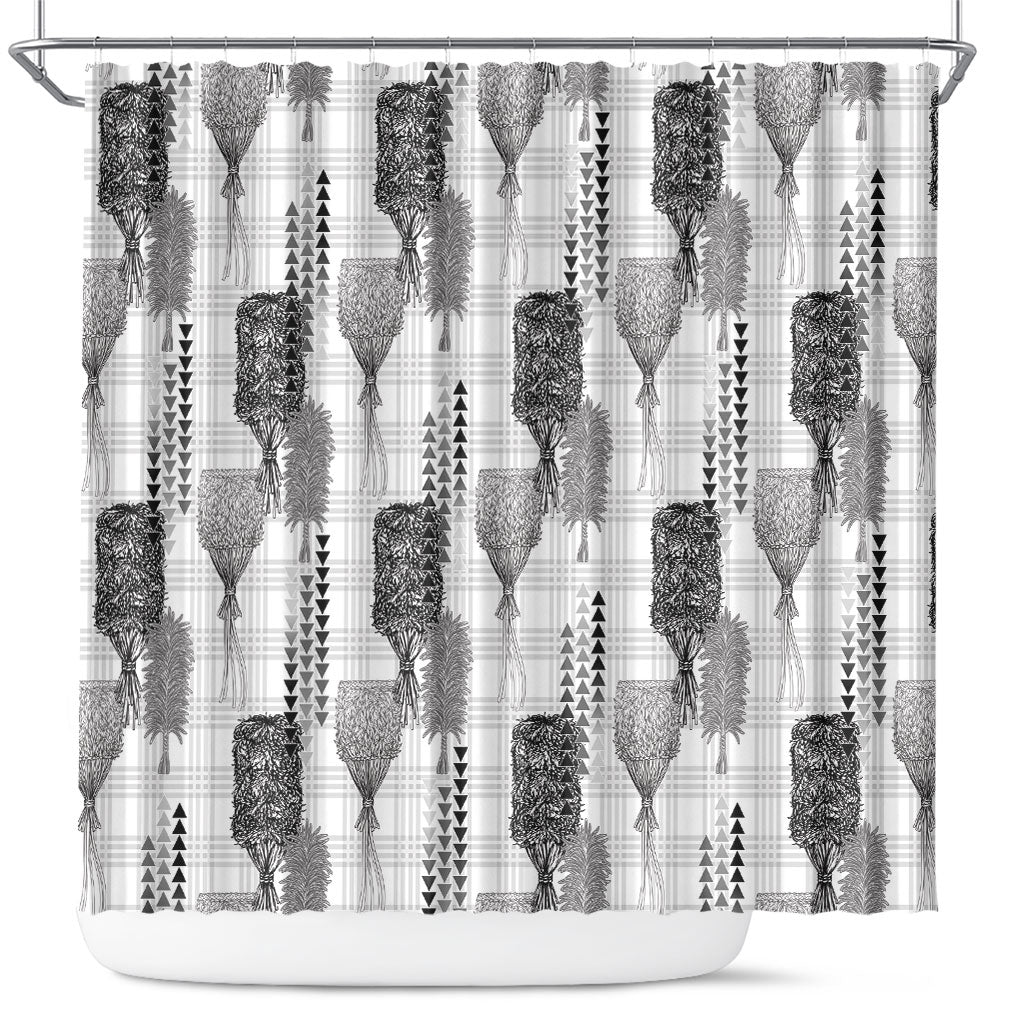 Aloha Hawaii Vintage Kahili Pa'a Lima Shower Curtain Palaka Print Hinahina LT7 Gray - Polynesian Pride