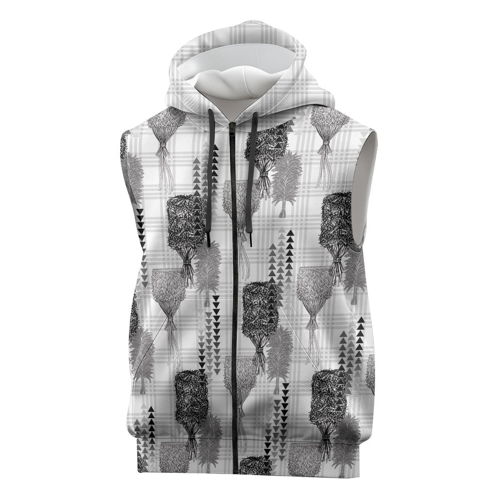 Aloha Hawaii Vintage Kahili Pa'a Lima Sleeveless Zip Hoodie Palaka Print Hinahina LT7 Gray - Polynesian Pride