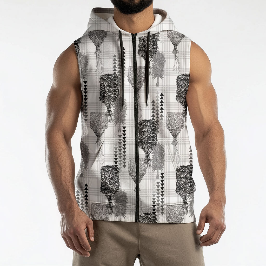 Aloha Hawaii Vintage Kahili Pa'a Lima Sleeveless Zip Hoodie Palaka Print Hinahina