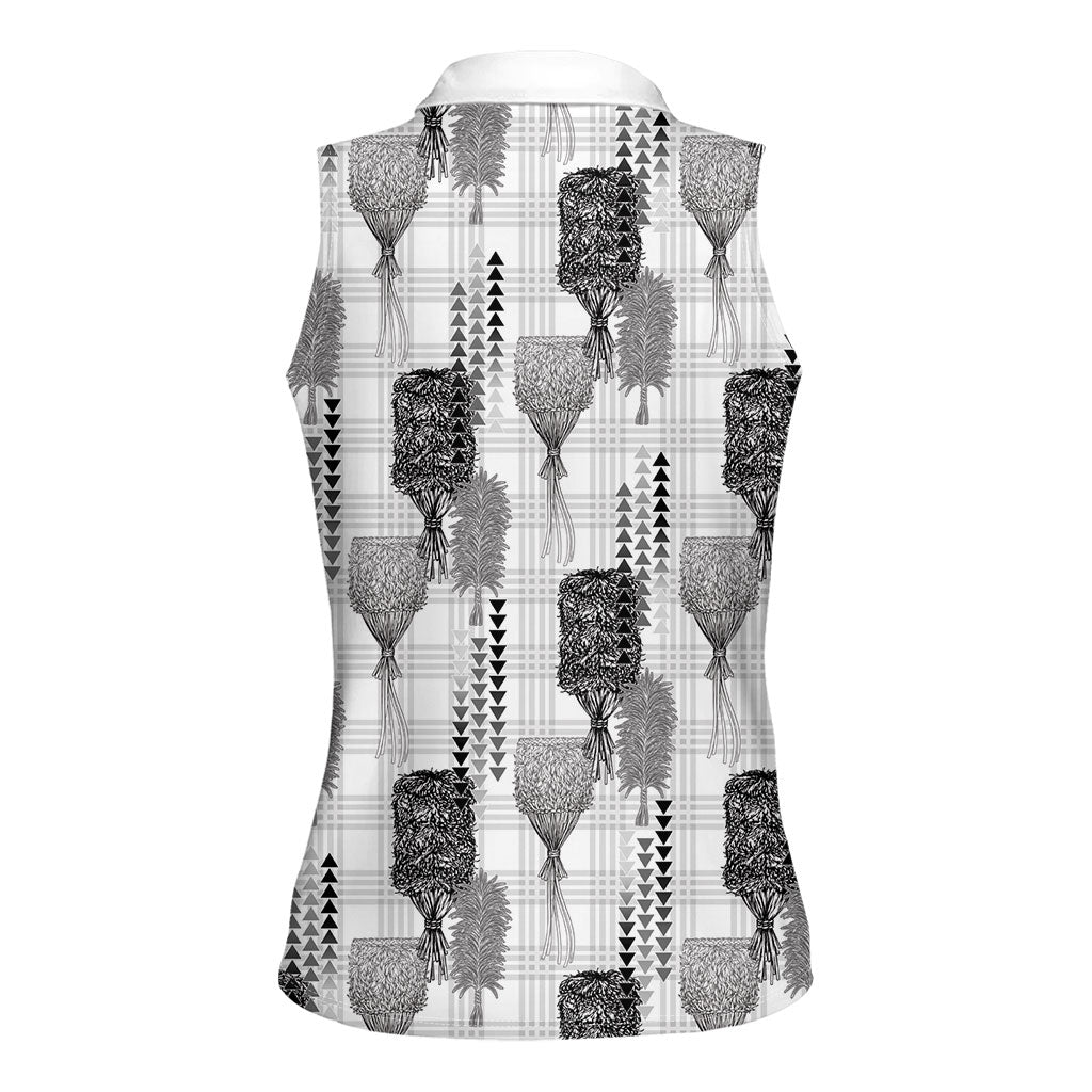 Aloha Hawaii Vintage Kahili Pa'a Lima Women Sleeveless Polo Shirt Palaka Print Hinahina