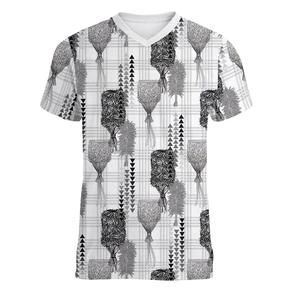 Aloha Hawaii Vintage Kahili Pa'a Lima Women V-Neck T-Shirt Palaka Print Hinahina LT7 Female Gray - Polynesian Pride