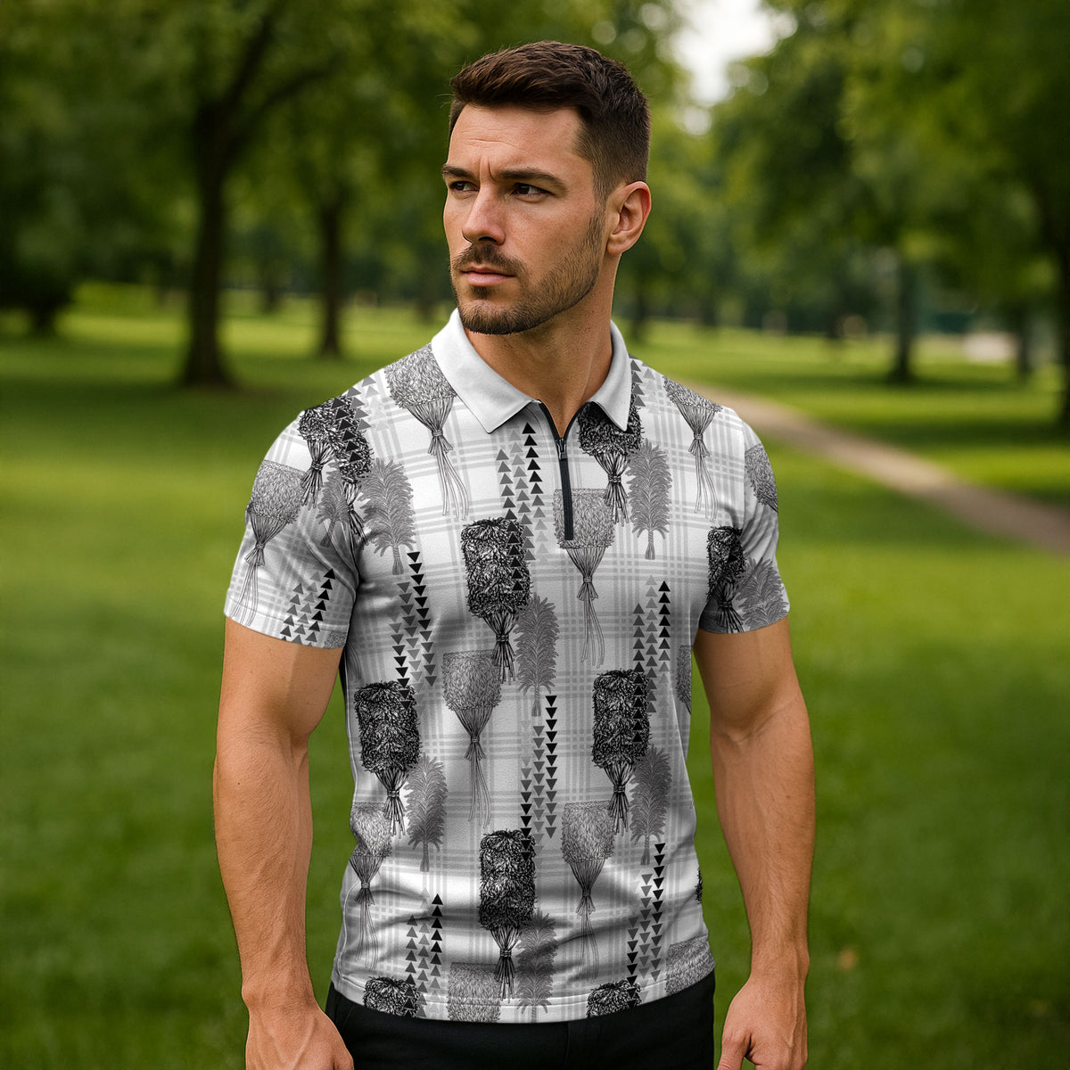 Aloha Hawaii Vintage Kahili Pa'a Lima Zipper Polo Shirt Palaka Print Hinahina
