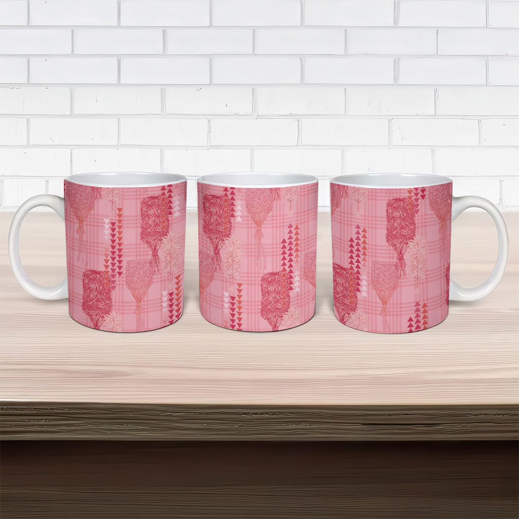 Aloha Hawaii Vintage Kahili Pa'a Lima Ceramic Mug Palaka Print Berry Pink